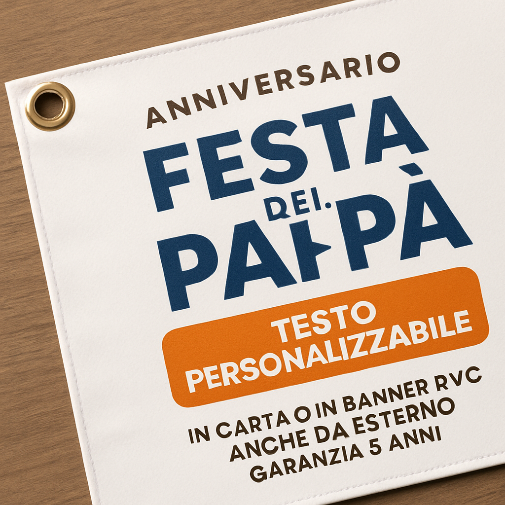 GLOBAL STRISCIONE FONDALE ANNIVERSARIO - FESTA DEL PAPA’ - IN CARTA O IN BANNER PVC ANCHE DA ESTERNO GARANZIA 5 ANNI - 02 dettaglio personalizzazione