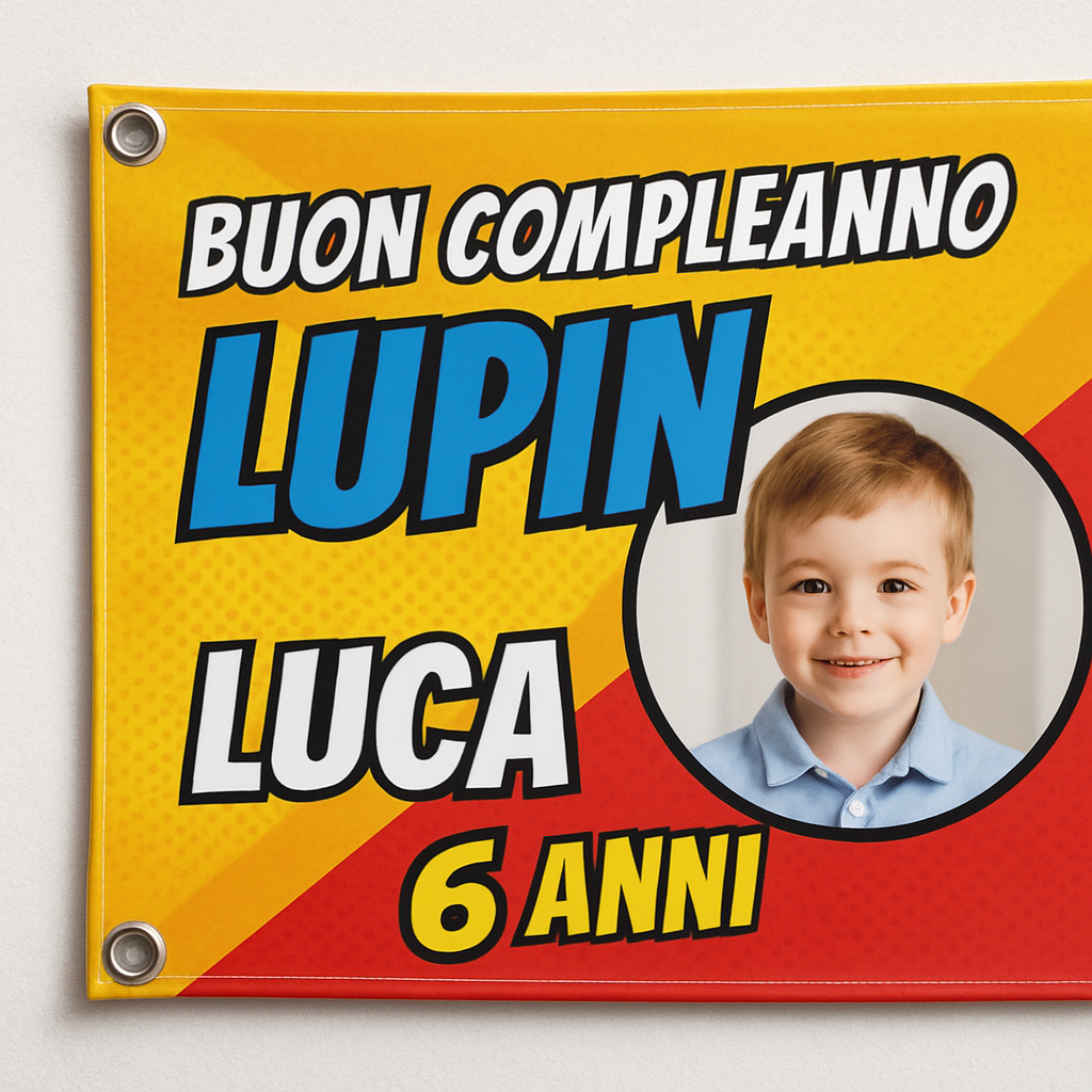BANNER STRISCIONE compleanno - Lupin - CON NOME foto ed età bimbo/a - 02 dettaglio personalizzazione