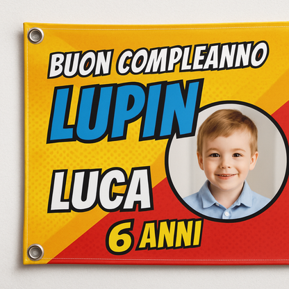 BANNER STRISCIONE compleanno - Lupin - CON NOME foto ed età bimbo/a - 02 dettaglio personalizzazione