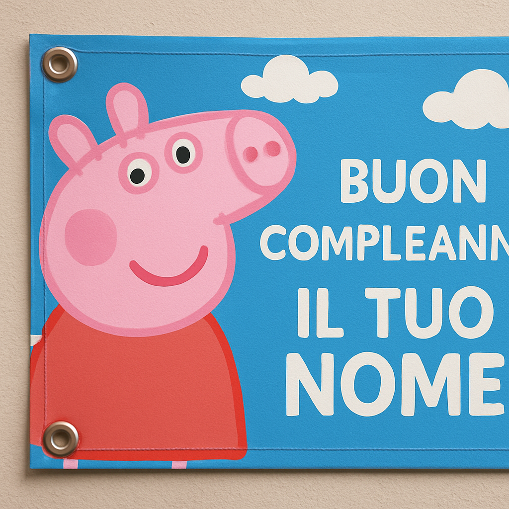 BANNER STRISCIONE compleanno - PEPPA PIG - CON IL TUO NOME bimbo bambino BIMBA - 02 dettaglio personalizzazione