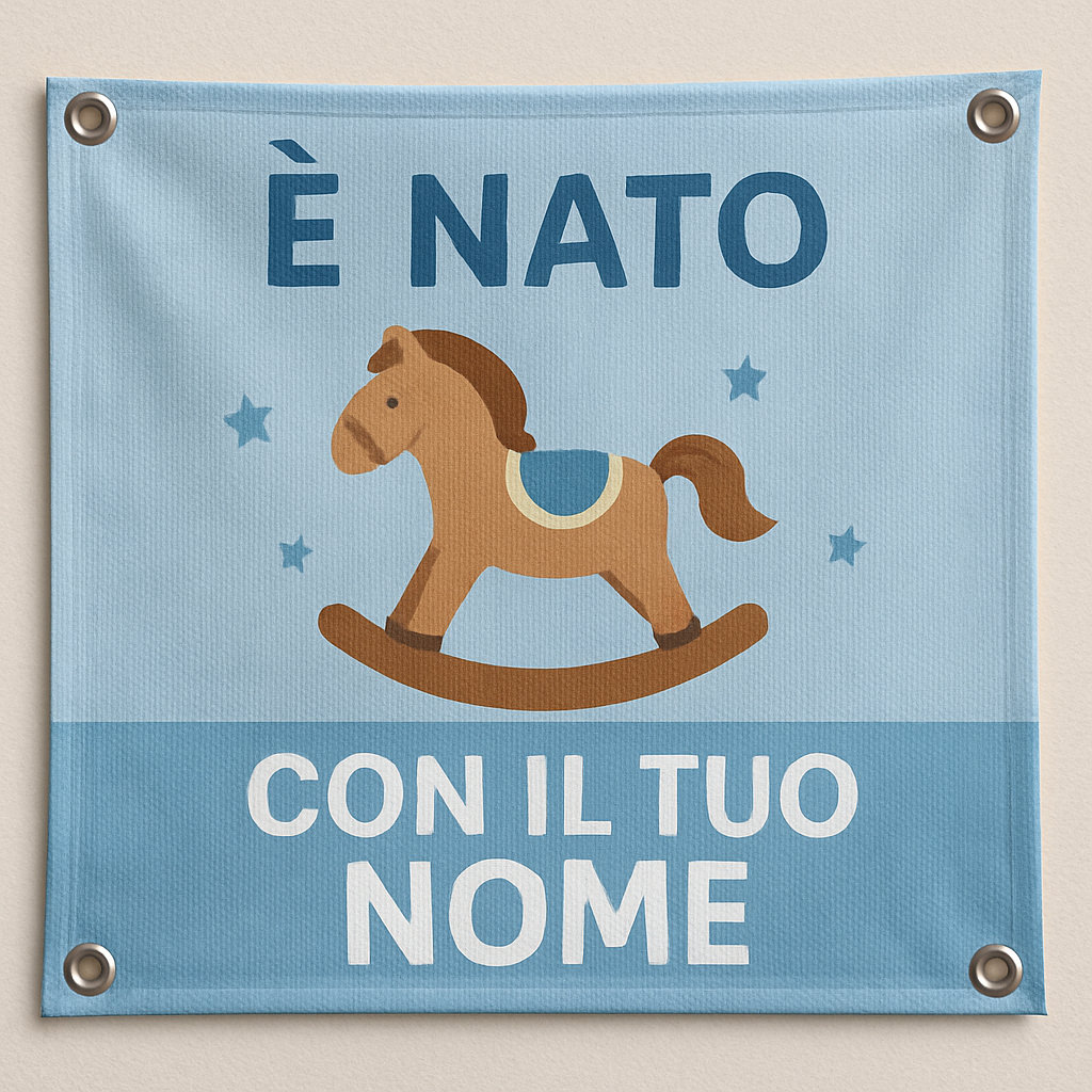BANNER STRISCIONE NASCITA - Cavalluccio a dondolo - CON IL TUO NOME bimbo neonato - 02 dettaglio personalizzazione