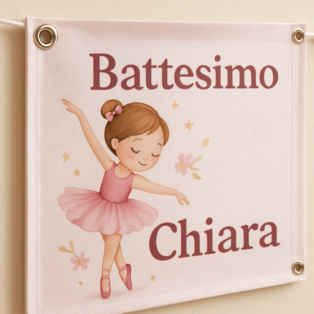 BANNER STRISCIONE BATTESIMO - Ballerina Rosa - CON IL TUO NOME bimbo - 02 dettaglio personalizzazione