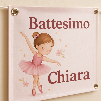 BANNER STRISCIONE BATTESIMO - Ballerina Rosa - CON IL TUO NOME bimbo - 02 dettaglio personalizzazione