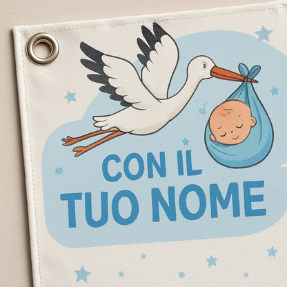 BANNER STRISCIONE NASCITA - Cicogna - CON IL TUO NOME bimbo neonato - 02 dettaglio personalizzazione
