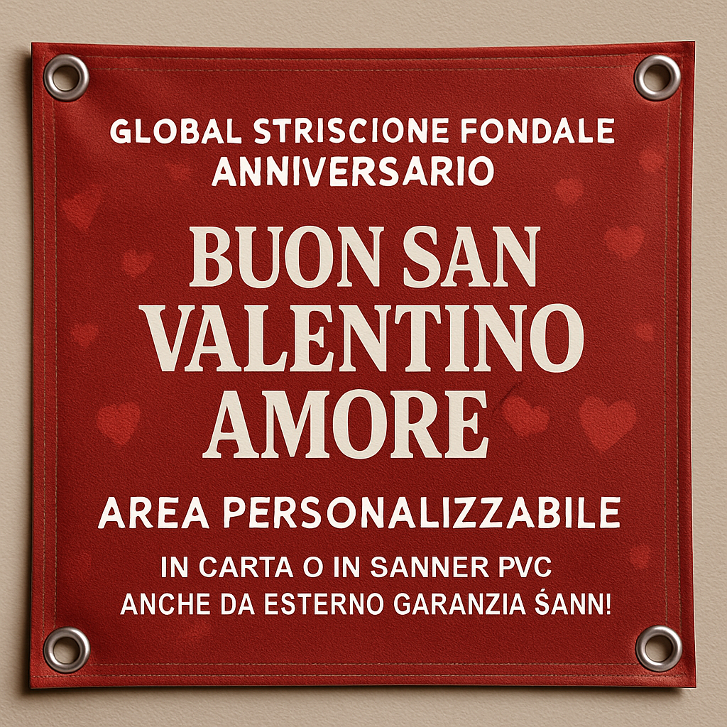 GLOBAL STRISCIONE FONDALE ANNIVERSARIO - BUON SAN VALENTINO AMORE - IN CARTA O IN BANNER PVC ANCHE DA ESTERNO GARANZIA 5 ANNI - 02 dettaglio personalizzazione