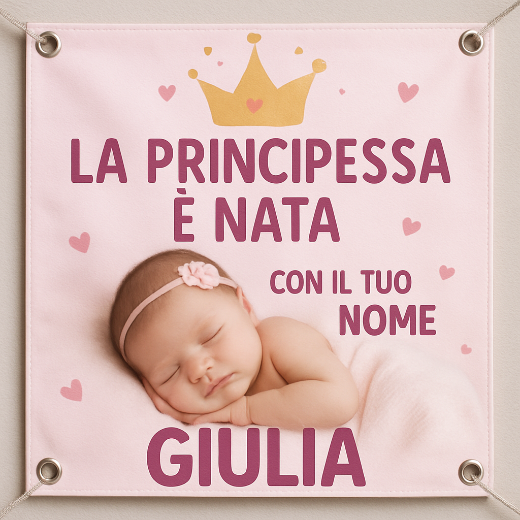 BANNER STRISCIONE NASCITA - la principessa è nata - CON IL TUO NOME bimbo neonato - 02 dettaglio personalizzazione