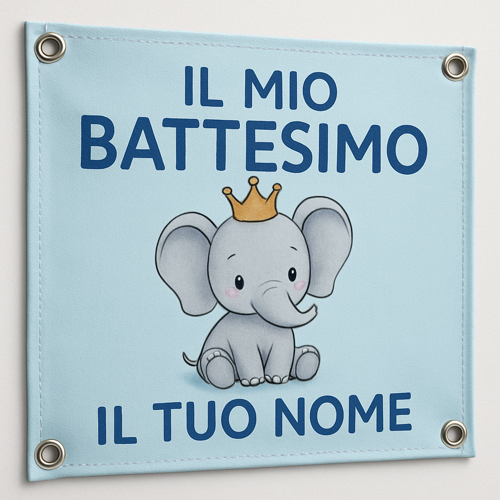 BANNER STRISCIONE BATTESIMO - Elefantino Con corona AZZURRO - CON IL TUO NOME bimbo - 02 dettaglio personalizzazione
