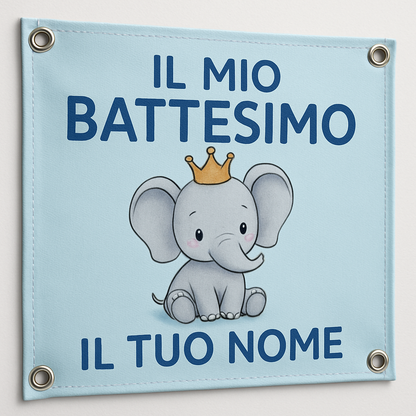 BANNER STRISCIONE BATTESIMO - Elefantino Con corona AZZURRO - CON IL TUO NOME bimbo - 02 dettaglio personalizzazione