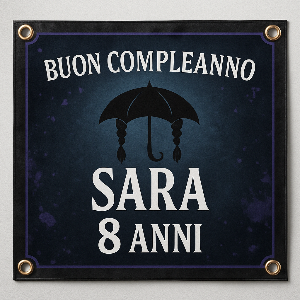 BANNER STRISCIONE compleanno - Mercoledì Addams mod. 2 - CON NOME ed età bimbo/a - 02 dettaglio personalizzazione