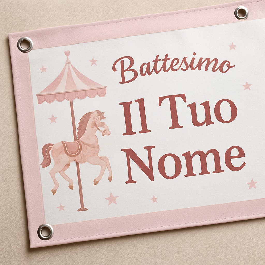 BANNER STRISCIONE BATTESIMO - Carosello Rosa - CON IL TUO NOME bimbo - 02 dettaglio personalizzazione