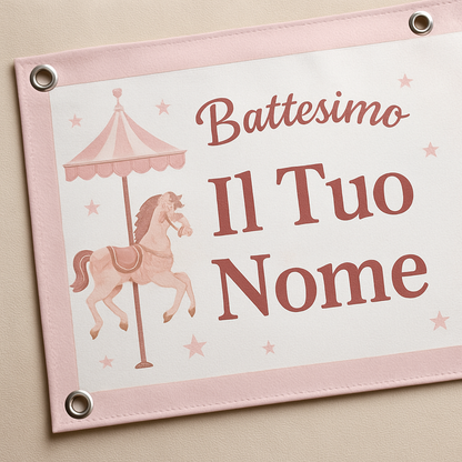 BANNER STRISCIONE BATTESIMO - Carosello Rosa - CON IL TUO NOME bimbo - 02 dettaglio personalizzazione
