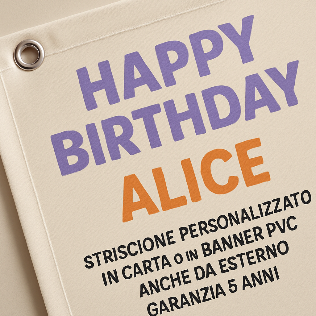 GLOBAL STRISCIONE FONDALE COMPLEANNO - Alice & Lewis - STRISCIONE PERSONALIZZATO IN CARTA O IN BANNER PVC ANCHE DA ESTERNO GARANZIA 5 ANNI - 02 dettaglio personalizzazione