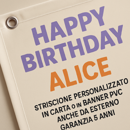 GLOBAL STRISCIONE FONDALE COMPLEANNO - Alice & Lewis - STRISCIONE PERSONALIZZATO IN CARTA O IN BANNER PVC ANCHE DA ESTERNO GARANZIA 5 ANNI - 02 dettaglio personalizzazione