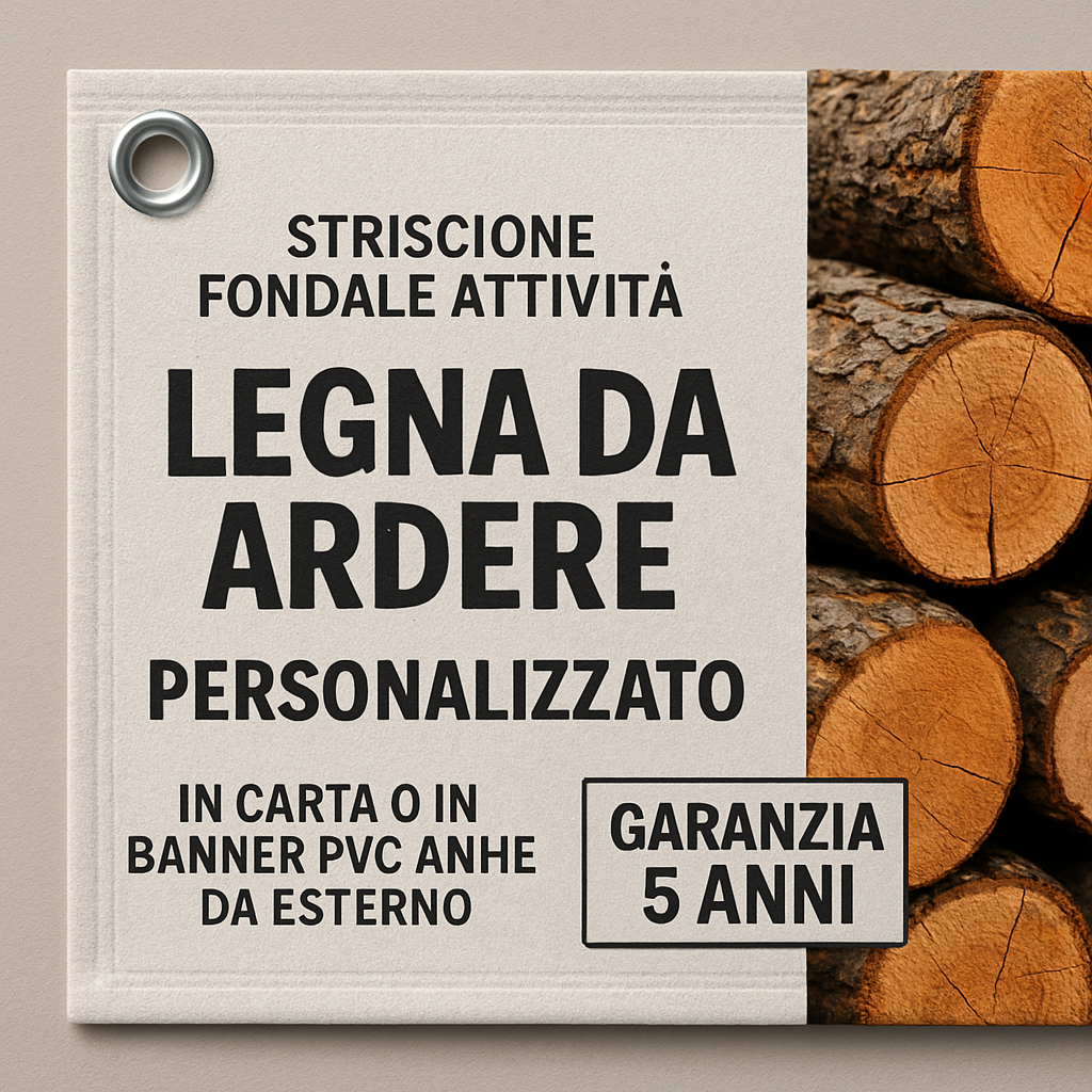 GLOBAL STRISCIONE FONDALE ATTIVITÀ - LEGNA DA ARDERE MOD 2 - PERSONALIZZATO IN CARTA O IN BANNER PVC ANCHE DA ESTERNO GARANZIA 5 ANNI - 02 dettaglio personalizzazione
