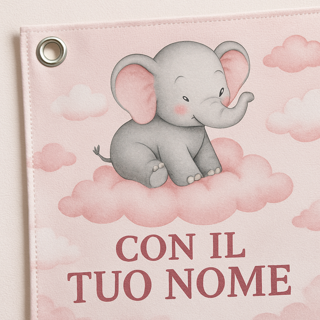 BANNER STRISCIONE NASCITA - Elefante tra le nuvole rosa - CON IL TUO NOME bimbo neonato - 02 dettaglio personalizzazione
