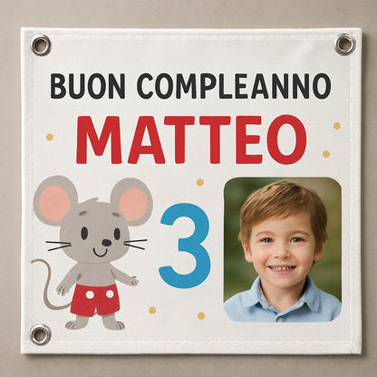 BANNER STRISCIONE compleanno - Mickey Mouse - CON NOME foto ed età bimbo/a - 02 dettaglio personalizzazione