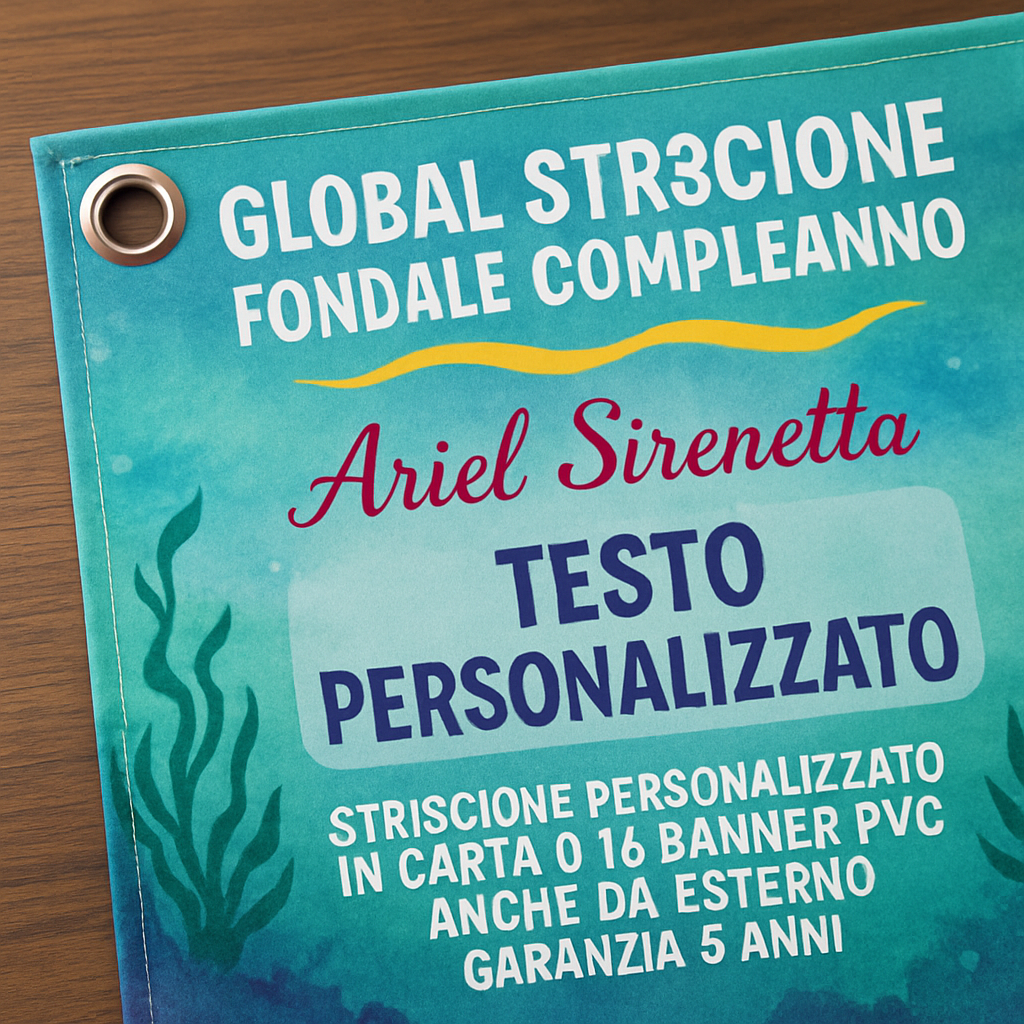 GLOBAL STRISCIONE FONDALE COMPLEANNO - Ariel Sirenetta - STRISCIONE PERSONALIZZATO IN CARTA O IN BANNER PVC ANCHE DA ESTERNO GARANZIA 5 ANNI - 02 dettaglio personalizzazione