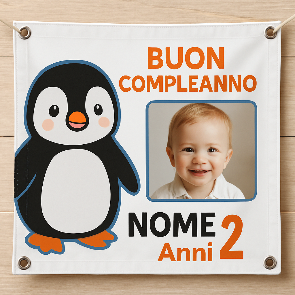 BANNER STRISCIONE compleanno - Pingu - CON NOME foto ed età bimbo/a - 02 dettaglio personalizzazione