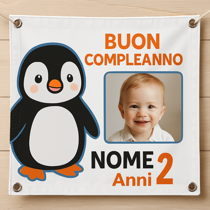 BANNER STRISCIONE compleanno - Pingu - CON NOME foto ed età bimbo/a - 02 dettaglio personalizzazione