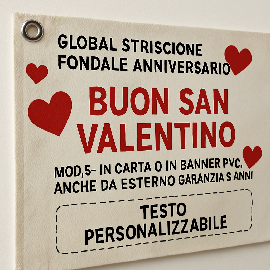 GLOBAL STRISCIONE FONDALE ANNIVERSARIO - BUON SAN VALENTINO MOD 5 - IN CARTA O IN BANNER PVC ANCHE DA ESTERNO GARANZIA 5 ANNI - 02 dettaglio personalizzazione