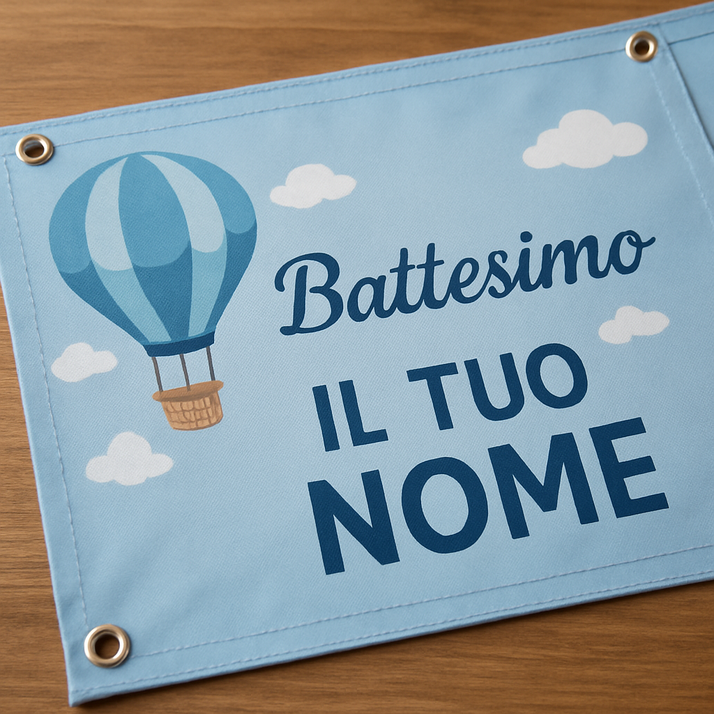 BANNER STRISCIONE BATTESIMO - Battesimo Mongolfiera - CON IL TUO NOME bimbo - 02 dettaglio personalizzazione
