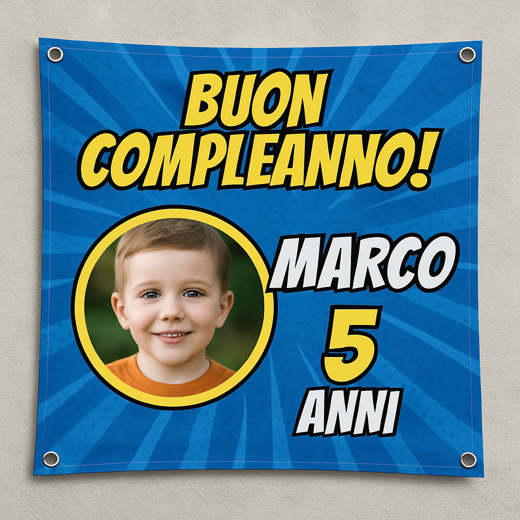 BANNER STRISCIONE compleanno - Teen Titans Go - CON NOME foto ed età bimbo/a - 02 dettaglio personalizzazione