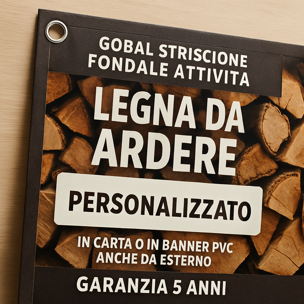 GLOBAL STRISCIONE FONDALE ATTIVITÀ - LEGNA DA ARDERE - PERSONALIZZATO IN CARTA O IN BANNER PVC ANCHE DA ESTERNO GARANZIA 5 ANNI - 02 dettaglio personalizzazione