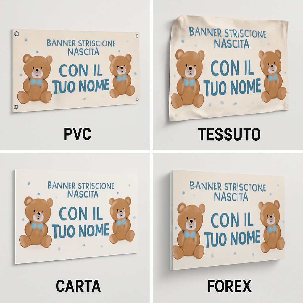 BANNER STRISCIONE NASCITA - Orsetti - CON IL TUO NOME bimbo neonato - 03 materiali