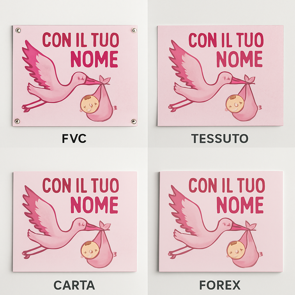 BANNER STRISCIONE NASCITA - Cicogna rosa - CON IL TUO NOME bimbo neonato - 03 materiali