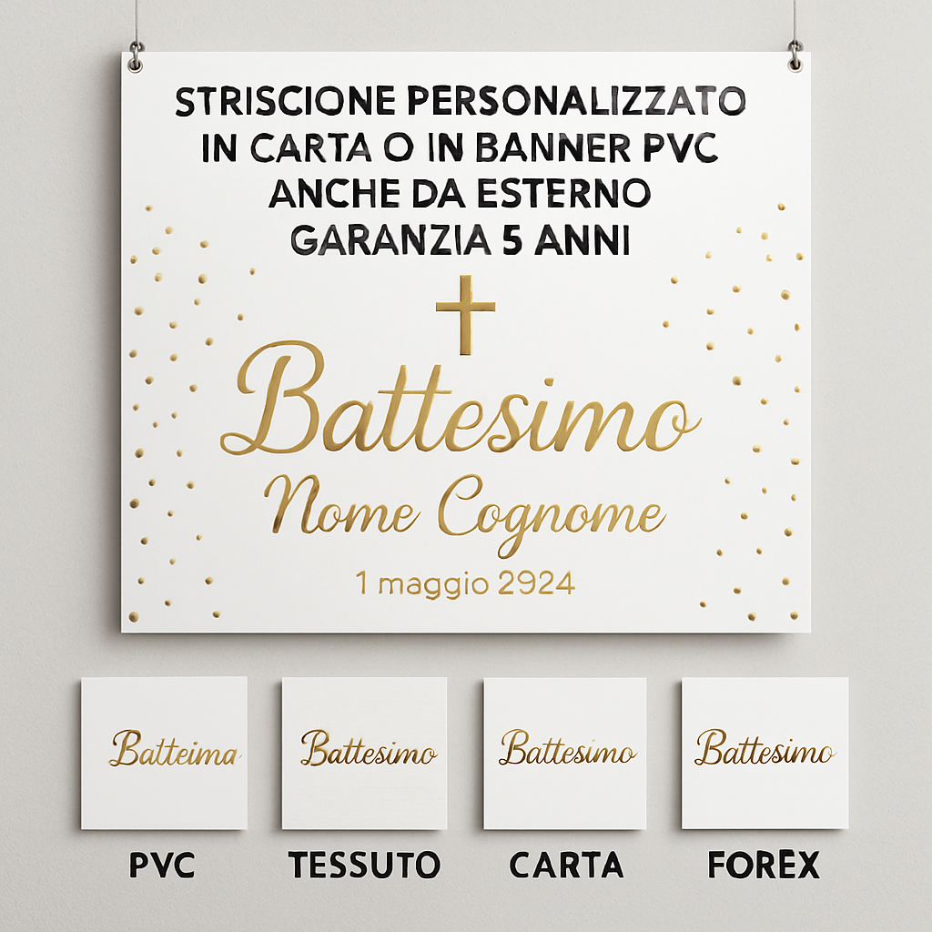 GLOBAL STRISCIONE FONDALE BATTESIMO - Battesimo Gold - STRISCIONE PERSONALIZZATO IN CARTA O IN BANNER PVC ANCHE DA ESTERNO GARANZIA 5 ANNI - 03 materiali