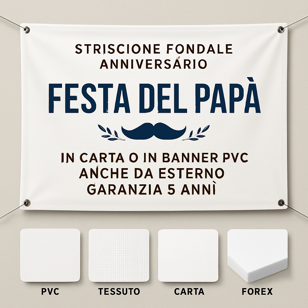 GLOBAL STRISCIONE FONDALE ANNIVERSARIO - FESTA DEL PAPA’ - IN CARTA O IN BANNER PVC ANCHE DA ESTERNO GARANZIA 5 ANNI - 03 materiali