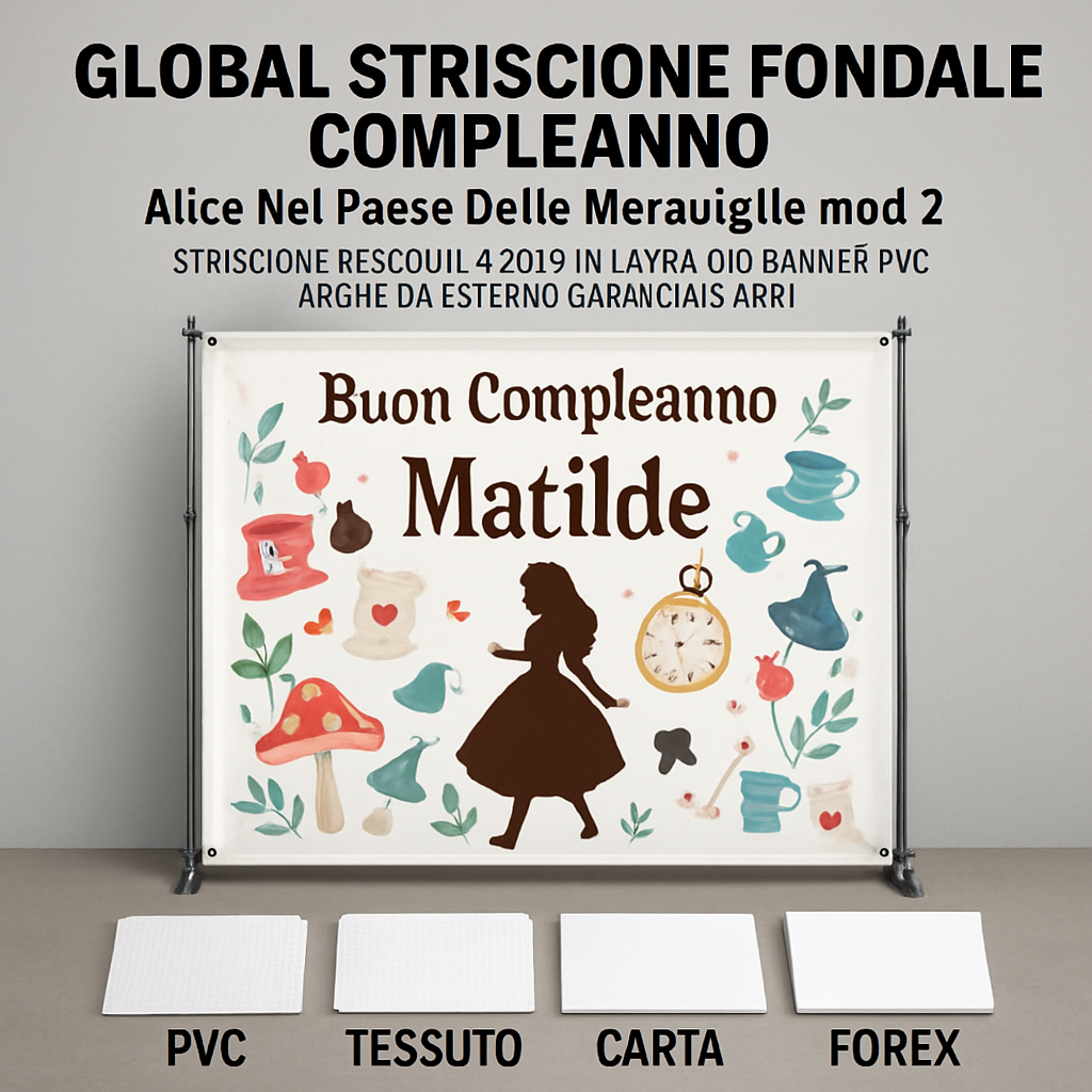 GLOBAL STRISCIONE FONDALE COMPLEANNO - Alice Nel Paese delle Meraviglie mod 2 - STRISCIONE PERSONALIZZATO IN CARTA O IN BANNER PVC ANCHE DA ESTERNO GARANZIA 5 ANNI - 03 materiali