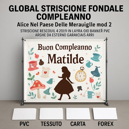 GLOBAL STRISCIONE FONDALE COMPLEANNO - Alice Nel Paese delle Meraviglie mod 2 - STRISCIONE PERSONALIZZATO IN CARTA O IN BANNER PVC ANCHE DA ESTERNO GARANZIA 5 ANNI - 03 materiali