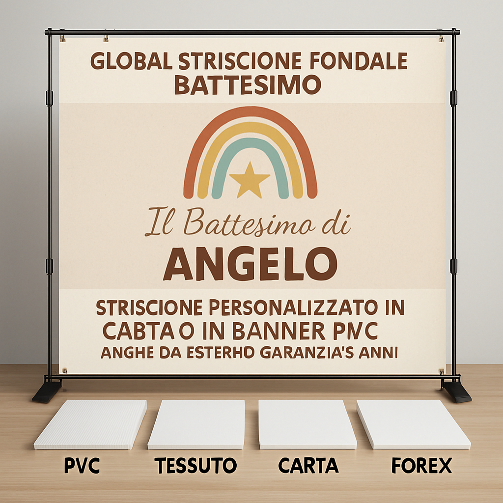 GLOBAL STRISCIONE FONDALE BATTESIMO - Battesimo Arcobaleno - STRISCIONE PERSONALIZZATO IN CARTA O IN BANNER PVC ANCHE DA ESTERNO GARANZIA 5 ANNI - 03 materiali