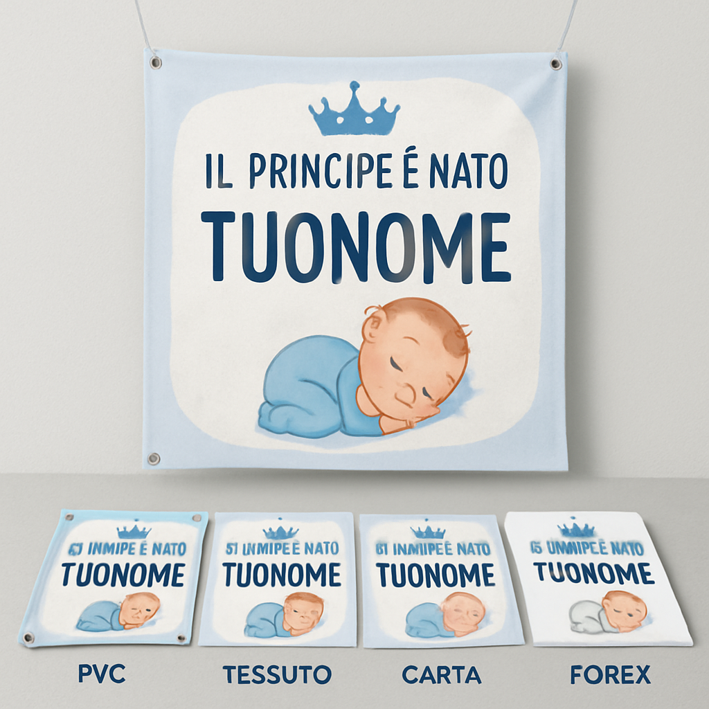 BANNER STRISCIONE NASCITA - Il principe è nato - CON IL TUO NOME bimbo neonato - 03 materiali