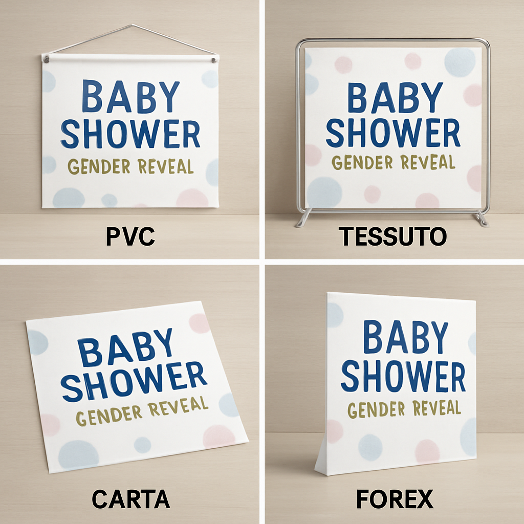 GLOBAL STRISCIONE FONDALE BABY SHOWER - Baby Shower Gender Reveal - STRISCIONE IN CARTA O IN BANNER PVC ANCHE DA ESTERNO GARANZIA 5 ANNI - 03 materiali