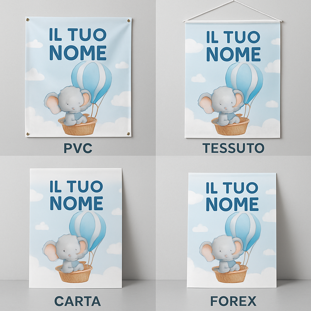 BANNER STRISCIONE NASCITA - Elefantino Mongolfiera - CON IL TUO NOME bimbo neonato - 03 materiali