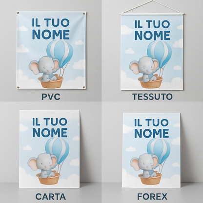 BANNER STRISCIONE NASCITA - Elefantino Mongolfiera - CON IL TUO NOME bimbo neonato - 03 materiali