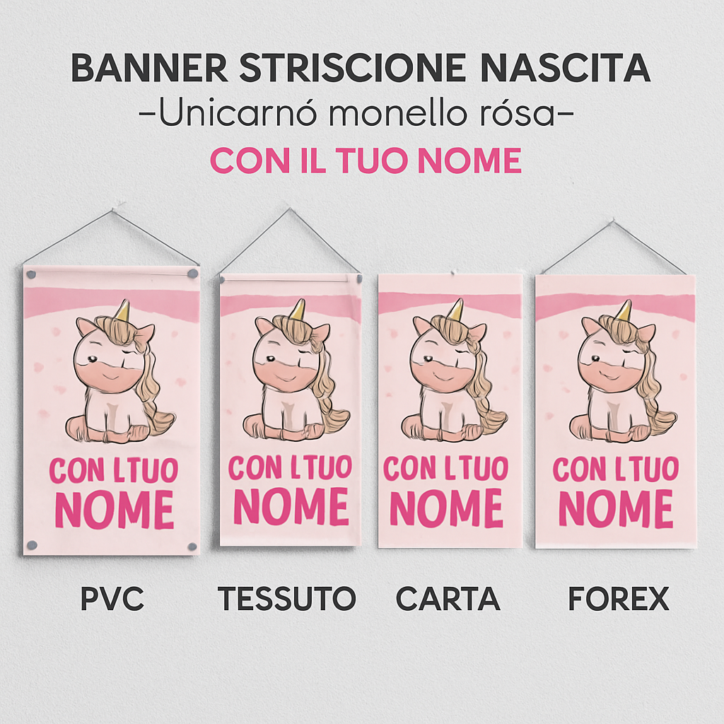 BANNER STRISCIONE NASCITA - Unicorno monello rosa - CON IL TUO NOME bimbo neonato - 03 materiali
