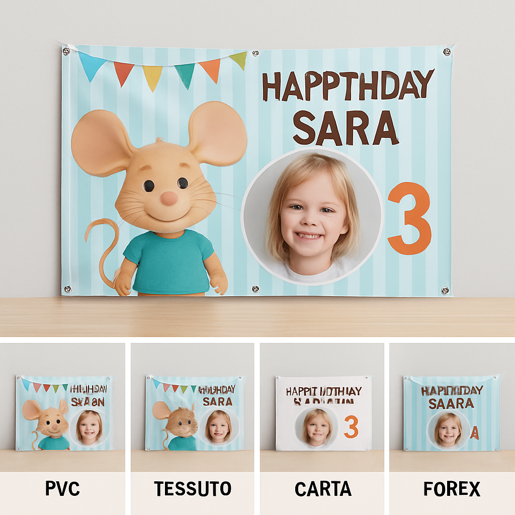 BANNER STRISCIONE compleanno - Topo Gigio - CON NOME foto ed età bimbo/a - 03 materiali