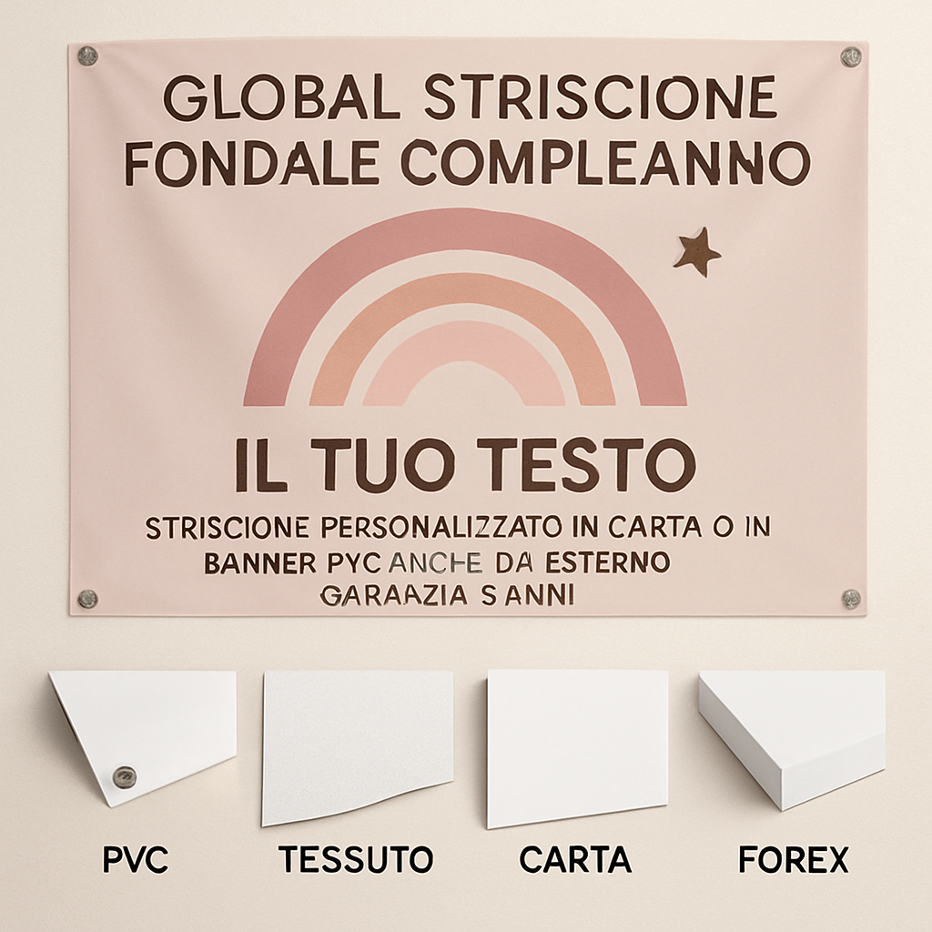 GLOBAL STRISCIONE FONDALE COMPLEANNO - Arcobaleno Rosa Cipria - STRISCIONE PERSONALIZZATO IN CARTA O IN BANNER PVC ANCHE DA ESTERNO GARANZIA 5 ANNI - 03 materiali
