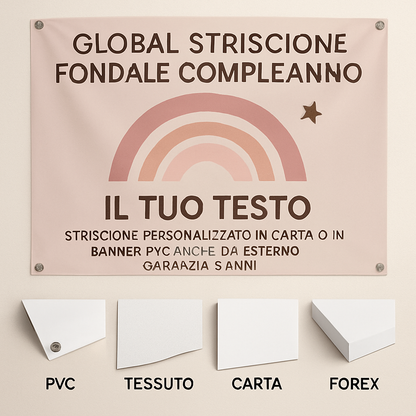 GLOBAL STRISCIONE FONDALE COMPLEANNO - Arcobaleno Rosa Cipria - STRISCIONE PERSONALIZZATO IN CARTA O IN BANNER PVC ANCHE DA ESTERNO GARANZIA 5 ANNI - 03 materiali