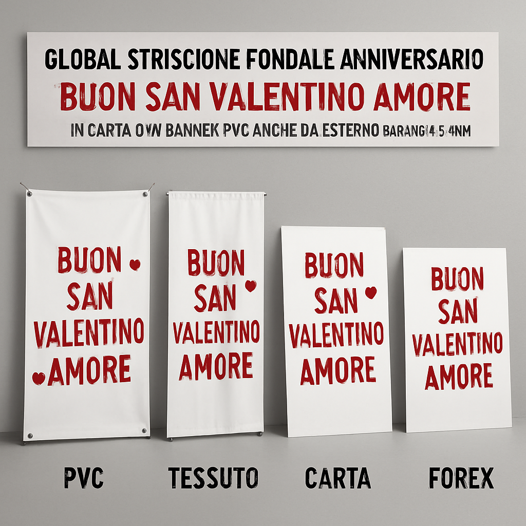 GLOBAL STRISCIONE FONDALE ANNIVERSARIO - BUON SAN VALENTINO AMORE - IN CARTA O IN BANNER PVC ANCHE DA ESTERNO GARANZIA 5 ANNI - 03 materiali
