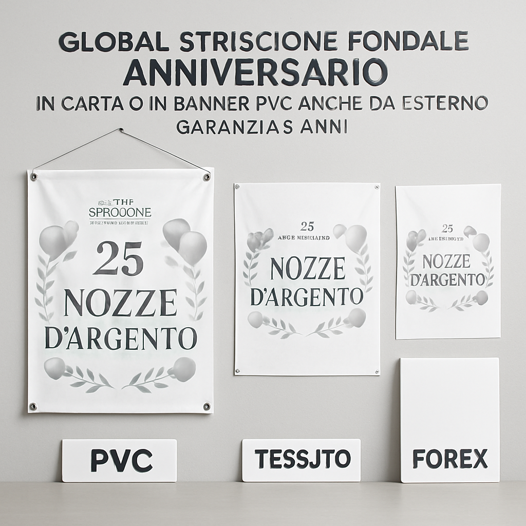 GLOBAL STRISCIONE FONDALE ANNIVERSARIO - NOZZE ARGENTO - IN CARTA O IN BANNER PVC ANCHE DA ESTERNO GARANZIA 5 ANNI - 03 materiali