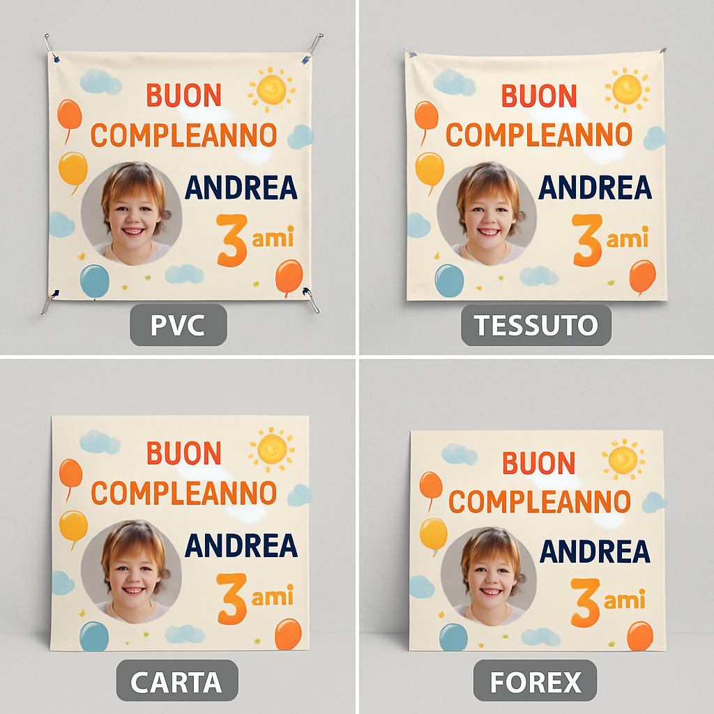 BANNER STRISCIONE compleanno - Spiderman MOD 2 - CON NOME foto ed età bimbo/a - 03 materiali