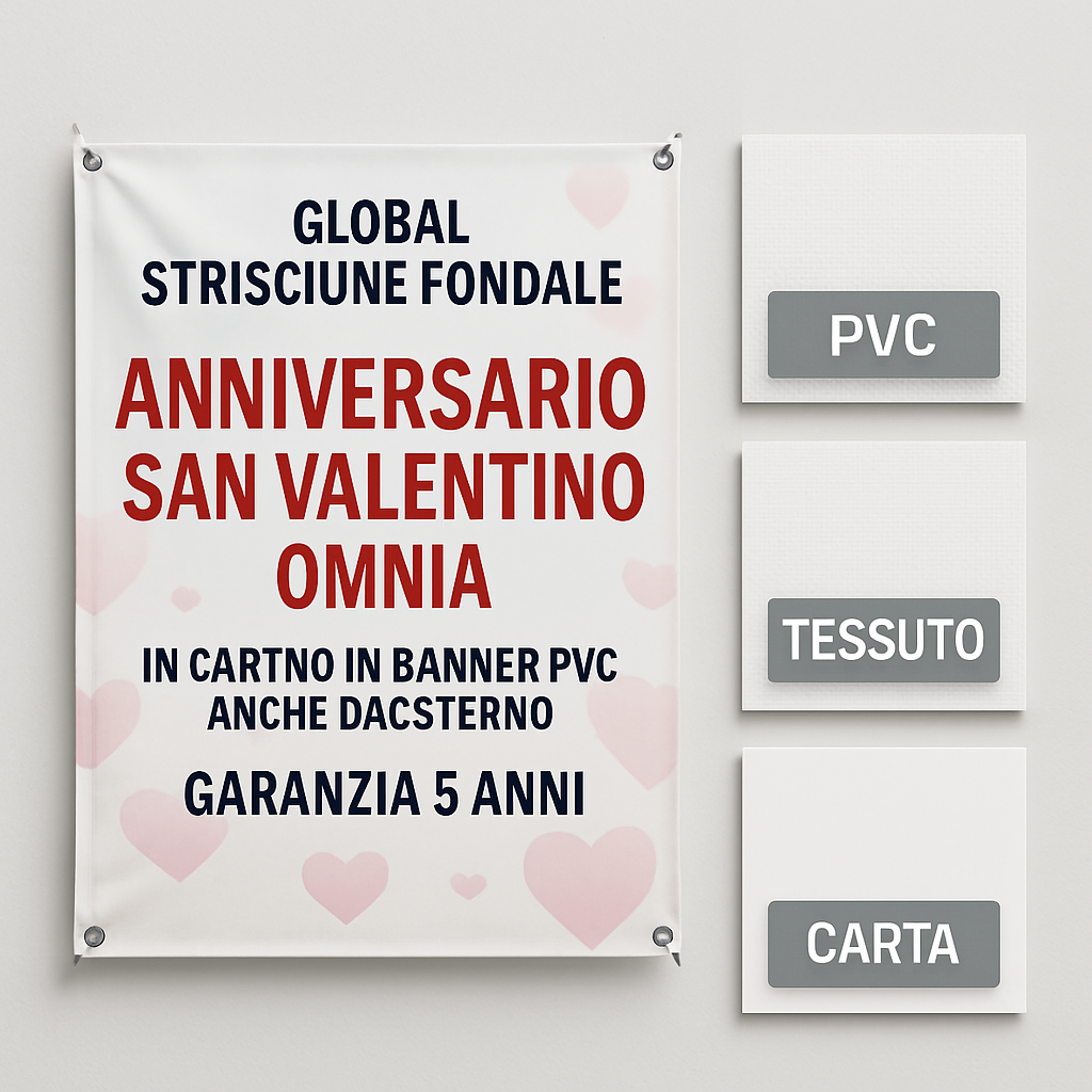 GLOBAL STRISCIONE FONDALE ANNIVERSARIO - SAN VALENTINO OMNIA - IN CARTA O IN BANNER PVC ANCHE DA ESTERNO GARANZIA 5 ANNI - 03 materiali