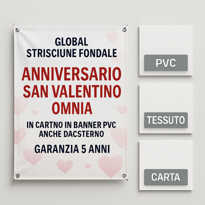 GLOBAL STRISCIONE FONDALE ANNIVERSARIO - SAN VALENTINO OMNIA - IN CARTA O IN BANNER PVC ANCHE DA ESTERNO GARANZIA 5 ANNI - 03 materiali