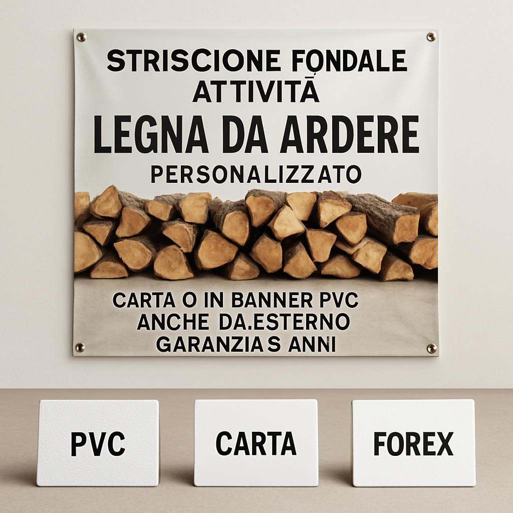 GLOBAL STRISCIONE FONDALE ATTIVITÀ - LEGNA DA ARDERE MOD 2 - PERSONALIZZATO IN CARTA O IN BANNER PVC ANCHE DA ESTERNO GARANZIA 5 ANNI - 03 materiali