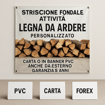GLOBAL STRISCIONE FONDALE ATTIVITÀ - LEGNA DA ARDERE MOD 2 - PERSONALIZZATO IN CARTA O IN BANNER PVC ANCHE DA ESTERNO GARANZIA 5 ANNI - 03 materiali