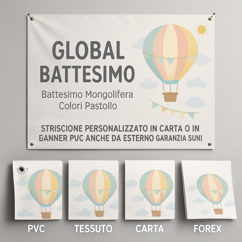 GLOBAL STRISCIONE FONDALE BATTESIMO - Battesimo Mongolfiera Colori Pastello - STRISCIONE PERSONALIZZATO IN CARTA O IN BANNER PVC ANCHE DA ESTERNO GARANZIA 5 ANNI - 03 materiali